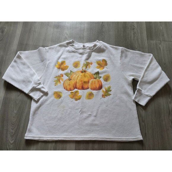 White Crewneck ThermalPumpkin & Leaves Print Medium Made In USA - Picture 4 of 8
